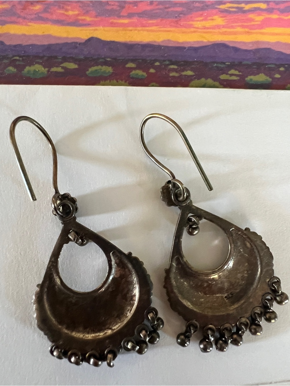Oxidized SilverTone Boho Tribal Fringe Dangle Earrings - Picture 3 of 7